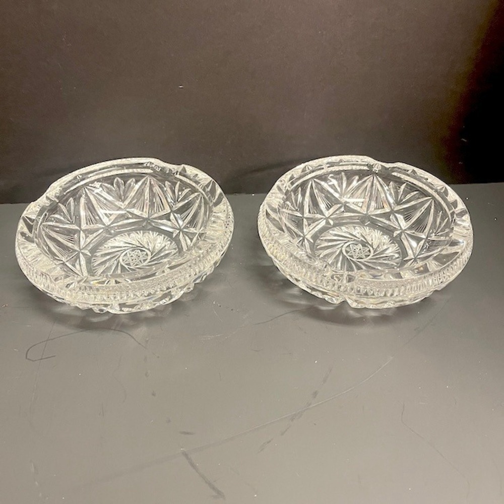 Vintage Pinwheel Cut Crystal 6" Ashtrays Trinket Dishes - Set of 2 Flawless